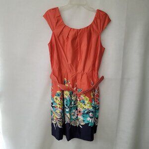 Spense Dress Womens 14P Coral Blue Floral Cotton Stretch 50s Inspired Trad Wife‎